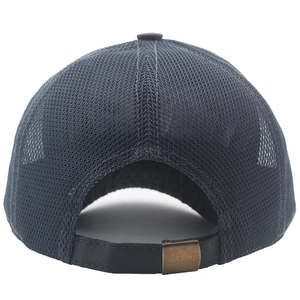 Close-up of breathable mesh fabric and adjustable metal buckle on dark grey trucker cap