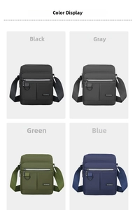 Detailed grid view showing four colors of waterproof nylon crossbody bags for men