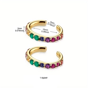 Luxurious gold-plated C-shaped ear cuffs with colorful pave crystals, 10mm inner diameter