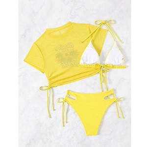 Flat lay of yellow three-piece bikini with mesh cover-up and high-waisted drawstring bottoms