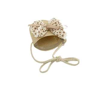Borsa a tracolla in paglia per bambini con fiocco floreale beige e cerniera per l'estate