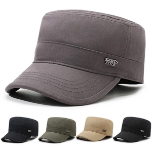 Cotton Cadet Cap Men Women Flat Top Military Hat Adjustable Metal Label Sun Protection Casual Outdoor