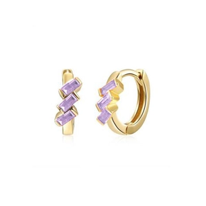 Close-up of golden huggie hoop earrings featuring three diagonal purple rectangle zircons