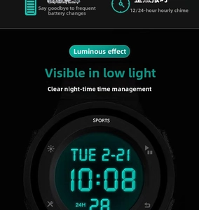 Luminous digital sports watch showing green backlit display and date time functions