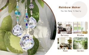Detailed view of crystal rainbow makers with faceted prisms hanging in sunny window