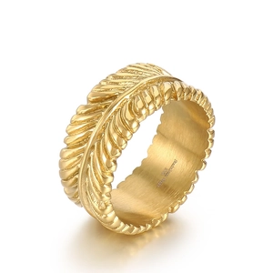 Punk style golden stainless steel leaf ring shown from a 45-degree angle view