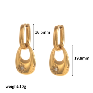 18k gold plated stainless steel teardrop earrings with star engraving and clear crystals