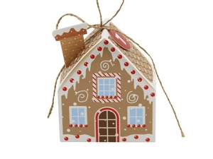 Detail of Christmas gingerbread house candy box with red number one tag and jute string