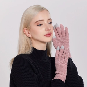 Guanti in maglia di ciniglia rosa da donna con funzione touch screen per l'inverno