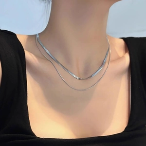 Double-layered silver snake chain necklace set for women in minimalist stainless steel
