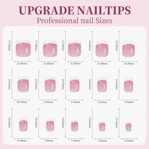 Detailed size chart for pink French press-on nail tips showing length and width measurements