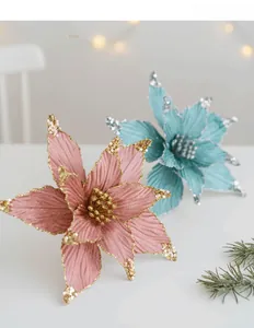 Detailed view of 25cm sequined fabric Christmas poinsettia flowers with glitter edges