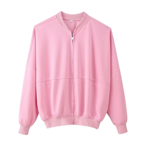 Detail of pink zip-up bomber jacket showing ribbed collar and silver metallic zipper
