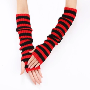 Detail of red and black striped knitted arm warmers with a fingerless long design