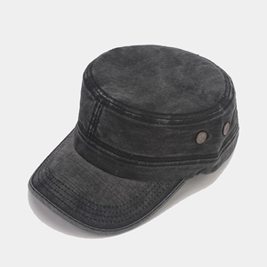 Detail of dark grey washed cotton military cap showing breathable metal eyelets and stitching
