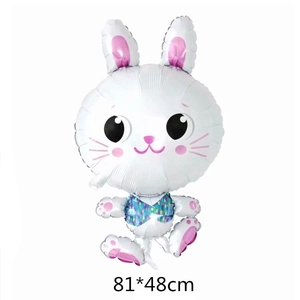 White Easter bunny foil balloon with colorful polka dot bow tie, size 81x48cm