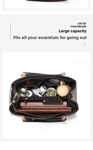 Top view of the spacious handbag interior showing multiple pockets and compartments