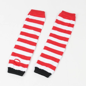 Detail of red and white striped knit arm warmer with thumb hole and black ribbed cuff