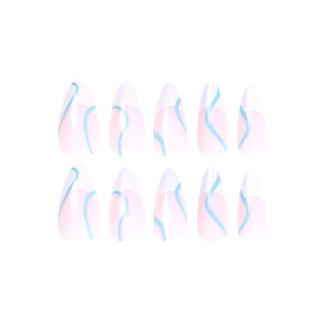 Classic white French almond press-on nails with light pink base and blue wave accents