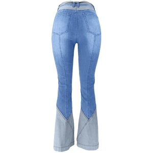 High-waist patchwork flare jeans for women featuring light blue and pale grey color blocking