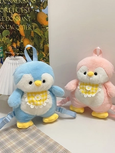 Cute plush penguin backpacks for girls in pink and blue colors with adjustable straps