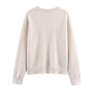 Back view of a cream knit cardigan with ribbed crewneck and cuffs in high quality fabric