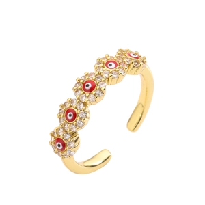 Adjustable gold flower ring with red evil eye charms and micro-pave zirconia stones