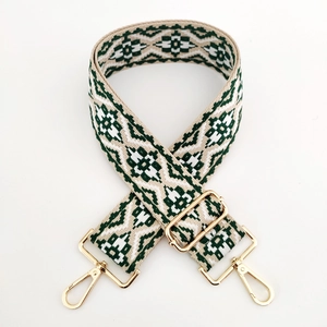 Detail of green and white geometric jacquard woven bag strap with gold metal hooks