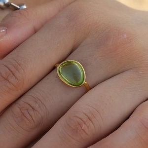 Minimalist 18k gold plated stainless steel ring with green jelly stone on hand