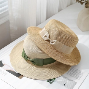 Women French Boater Straw Hat Flat Top Beach Vacation Sun Protection Elegant Ribbon Bow Straw Sunhat