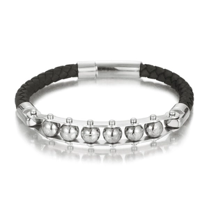 Men's braided black leather bracelet with stainless steel beads in silver finish
