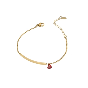 Minimalist 18K gold plated bead bracelet with red heart charm and polished bar detail