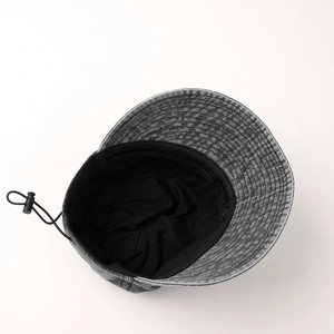 Deep grey acid wash denim sun hat with adjustable drawstring and lightweight black lining