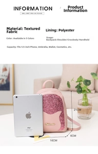 Detailed size comparison of the pink sequin mini backpack with cat ears for women