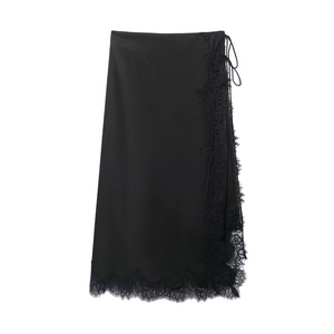 Gonna Midi In Raso Nero Da Donna Con Bordo In Pizzo Fiocco Laterale Design A Portafoglio Sexy Vita Alta Elegante