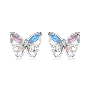 Elegante Schmetterlings-Ohrstecker aus S925 Silber mit bunten Kristall-Edelsteinen