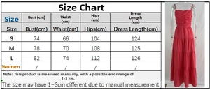 Detailed size chart for red strapless tiered backless maxi dress with tiered cake layers