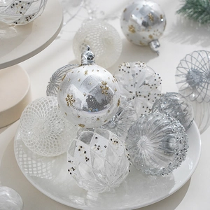 Christmas ball ornament set with silver and white sequins, mesh and relief patterns