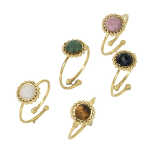Five-piece set of gold stainless steel open rings with colorful natural stone inlays