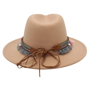 Camel wide brim Tibetan felt hat with ethnic embroidery ribbon and faux fur trim