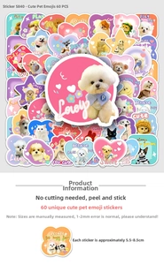 Detail showing 60 pieces of cute waterproof pet stickers with 5.5-8.5cm dimensions