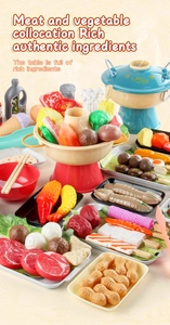 Detailed top view of kids play kitchen set featuring realistic hot pot food and utensils