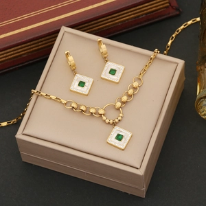 Stainless Steel Jewelry Set Green Square Crystal Geometric Necklace Bracelet Earrings For Women Gold Plated Retro Style