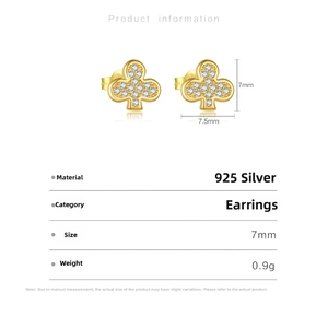 Detailed view of S925 sterling silver clover stud earrings with sparkling white zircons