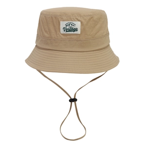 Khaki outdoor sun hat with adjustable chin strap and embroidered mountain patch