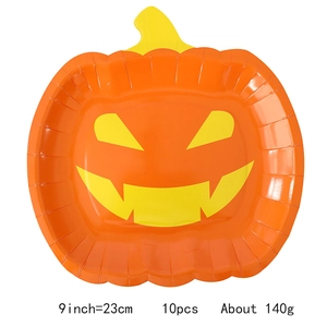 Detailed 9-inch orange pumpkin face disposable paper plates for Halloween party decor