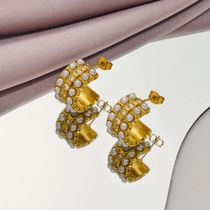 C-Shaped Hoop Earrings Stainless Steel With White Artificial Pearls And Clear Zircon 18K Gold Plated Luxury Vintage For Women