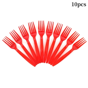 Detailed view of ten red disposable plastic forks for Independence Day parties