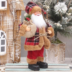 Figurine Père Noël de 30cm debout avec manteau à carreaux rouge et noir et sac en toile