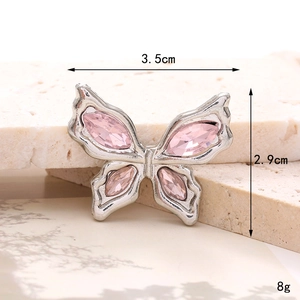 DIY silver bow jewelry accessory with pink crystals for shoes, 3.5cm x 2.9cm and 8g weight